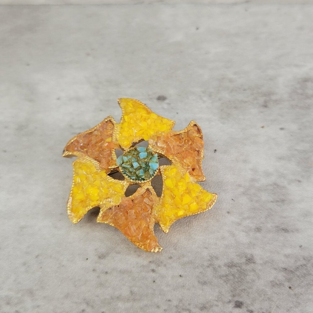 Vintage Gold Tone Flower Pin Brooch Yellow Orange Turquoise Mosaic Style Costume